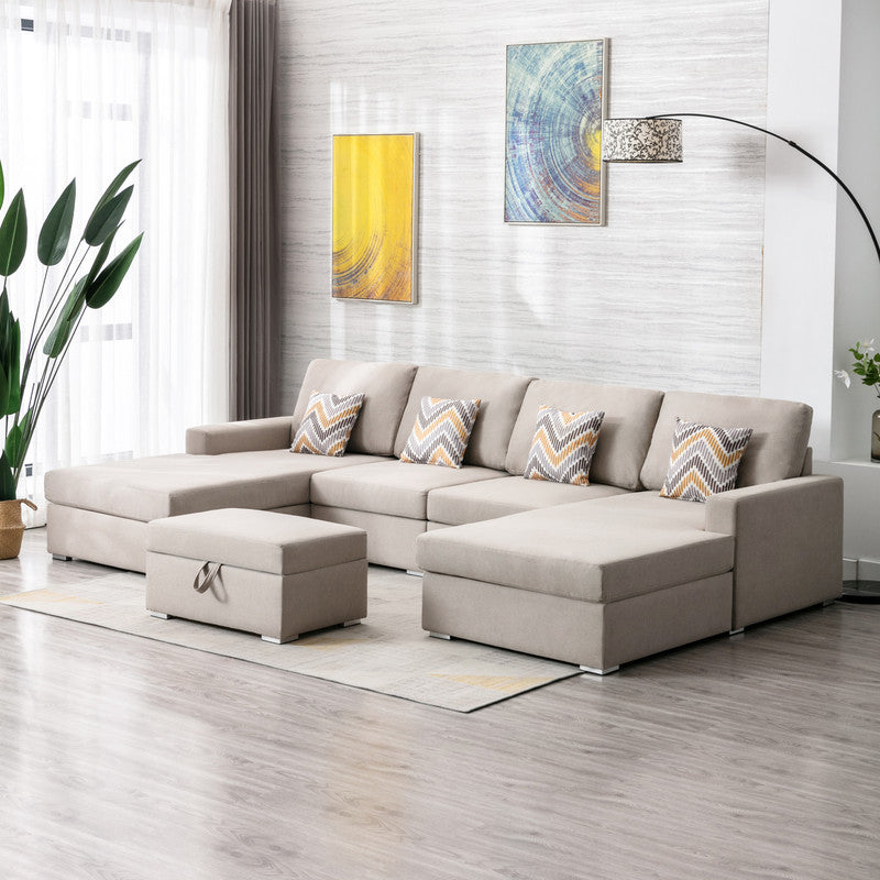 Nolan Beige Linen 5Pc Double Chaise Sectional Sofa with Storage Ottoman, Pillows