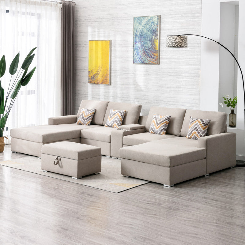 Nolan Beige Linen 6Pc Double Chaise Sectional Sofa, Console Table, Ottoman