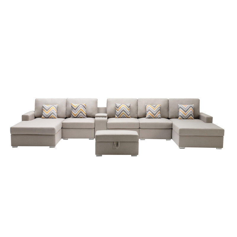 Nolan Beige Linen 7Pc Double Chaise Sectional Sofa, Console Table, Ottoman