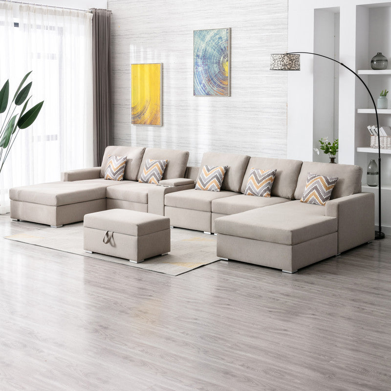 Nolan Beige Linen 7Pc Double Chaise Sectional Sofa, Console Table, Ottoman