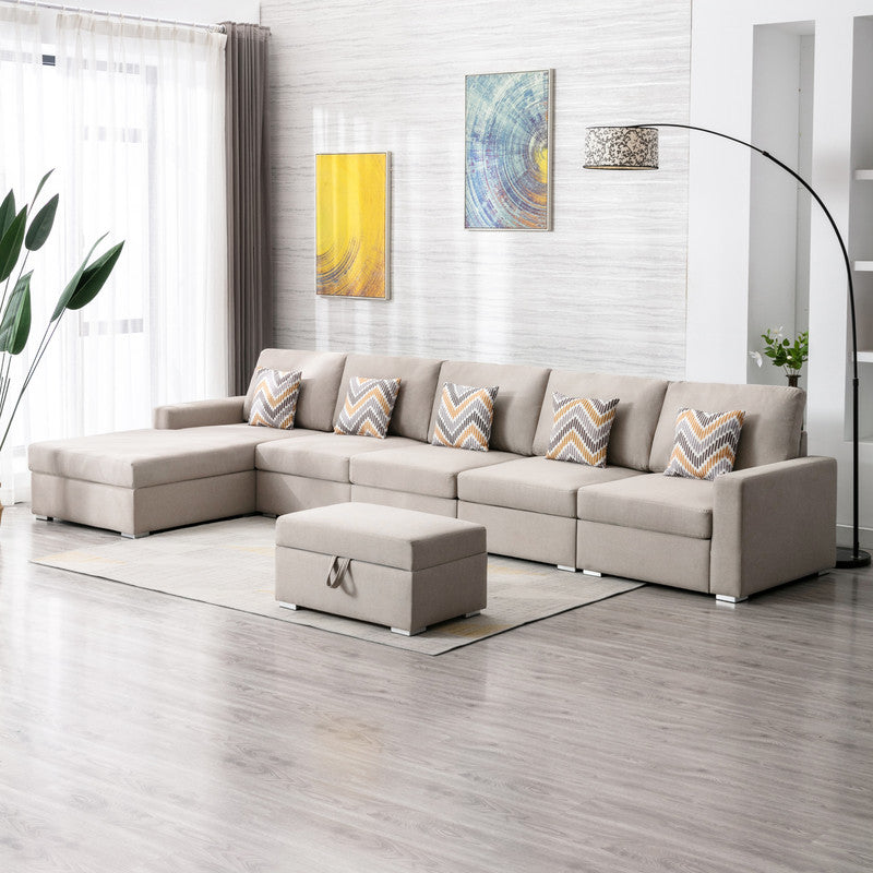 Nolan Beige Linen 6Pc Reversible Sectional Sofa Chaise, Ottoman, 89420-27A