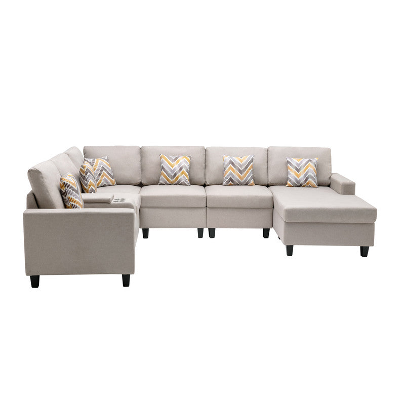 Nolan Beige Linen 7Pc Reversible Chaise Sectional, USB, Console Table, 89420-3A