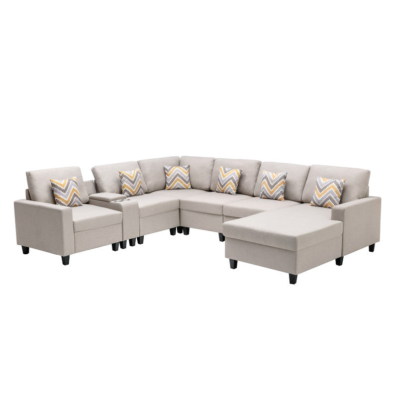 Nolan Beige Linen 7Pc Reversible Chaise Sectional, USB, Console Table, 89420-3A