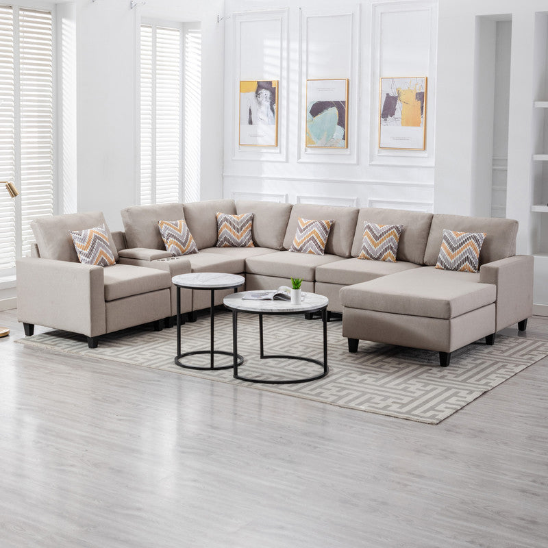 Nolan Beige Linen 7Pc Reversible Chaise Sectional, USB, Console Table, 89420-3A