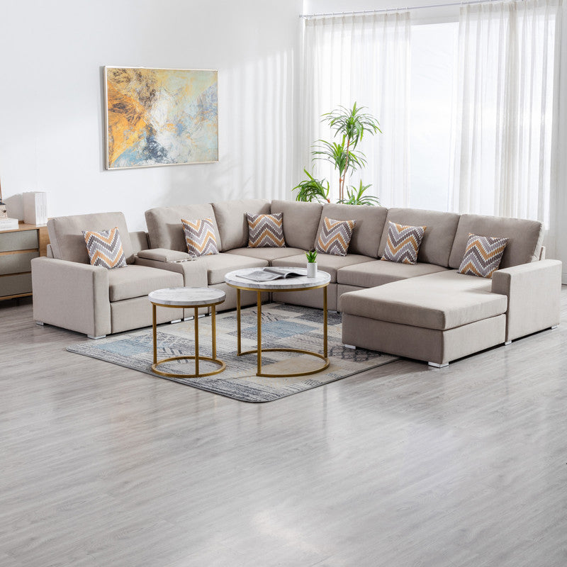 Nolan Beige Linen 7Pc Reversible Chaise Sectional, USB, Console Table, 89420-3A