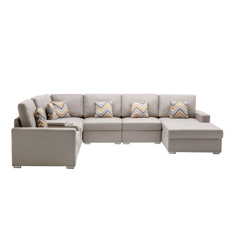 Nolan Beige Linen 7Pc Reversible Chaise Sectional, USB, Console Table, 89420-3A