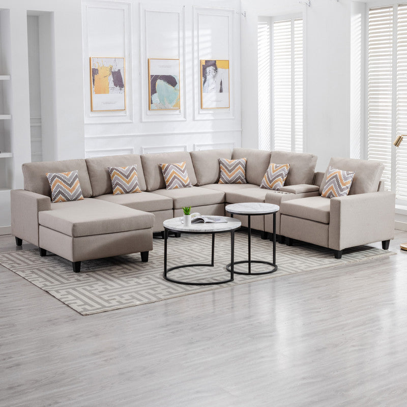 Nolan Beige Linen 7Pc Reversible Chaise Sectional, USB, Console Table, 89420-3B