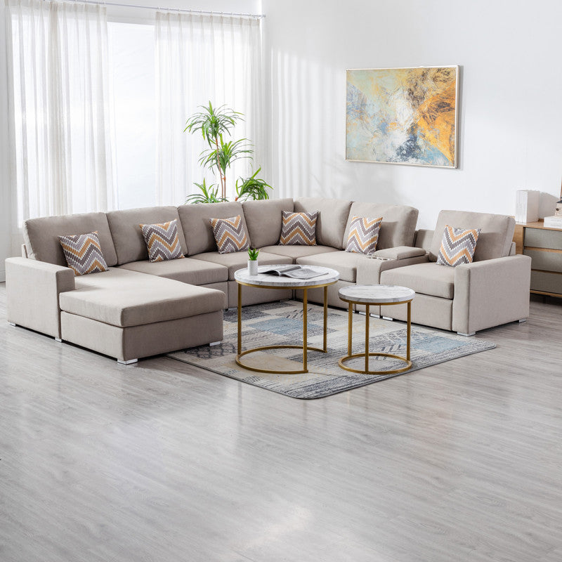 Nolan Beige Linen 7Pc Reversible Chaise Sectional, USB, Console Table, 89420-3B