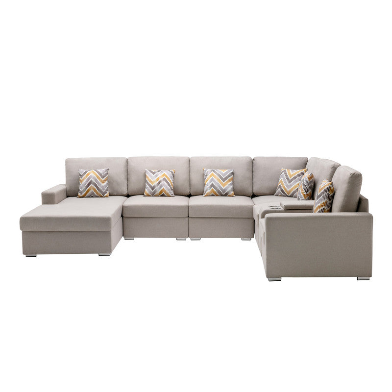 Nolan Beige Linen 7Pc Reversible Chaise Sectional, USB, Console Table, 89420-3B