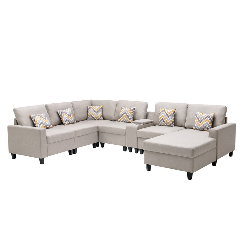Nolan Beige Linen 7Pc Reversible Chaise Sectional, USB, Console Table, 89420-4A