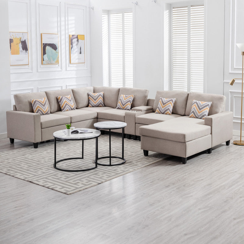 Nolan Beige Linen 7Pc Reversible Chaise Sectional, USB, Console Table, 89420-4A