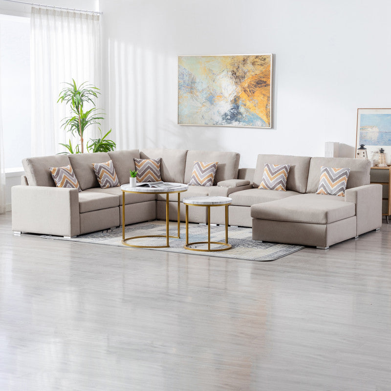 Nolan Beige Linen 7Pc Reversible Chaise Sectional, USB, Console Table, 89420-4A