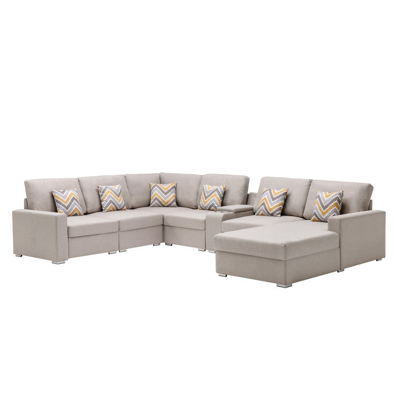 Nolan Beige Linen 7Pc Reversible Chaise Sectional, USB, Console Table, 89420-4A