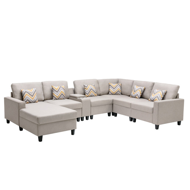 Nolan Beige Linen 7Pc Reversible Chaise Sectional, USB, Console Table, 89420-4B