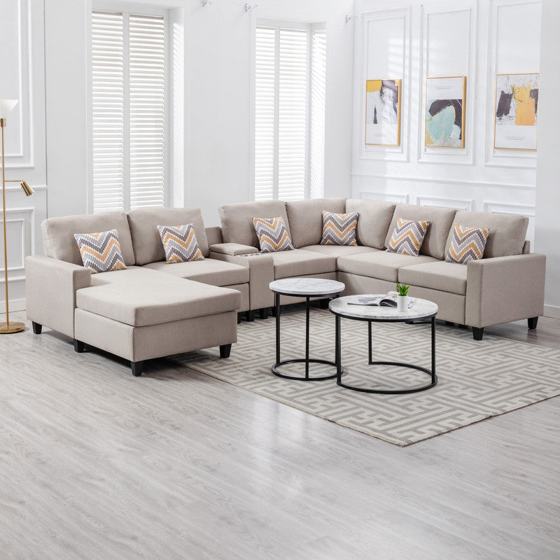 Nolan Beige Linen 7Pc Reversible Chaise Sectional, USB, Console Table, 89420-4B