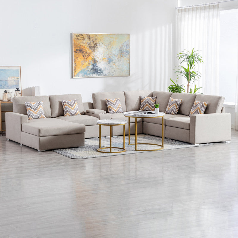 Nolan Beige Linen 7Pc Reversible Chaise Sectional, USB, Console Table, 89420-4B