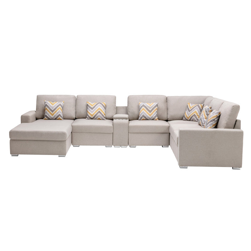 Nolan Beige Linen 7Pc Reversible Chaise Sectional, USB, Console Table, 89420-4B