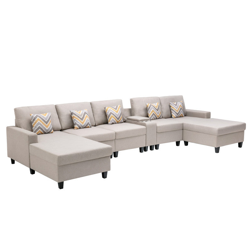 Nolan Beige Linen 6Pc Double Chaise Sectional Sofa, USB, Console Table, 89420-6A