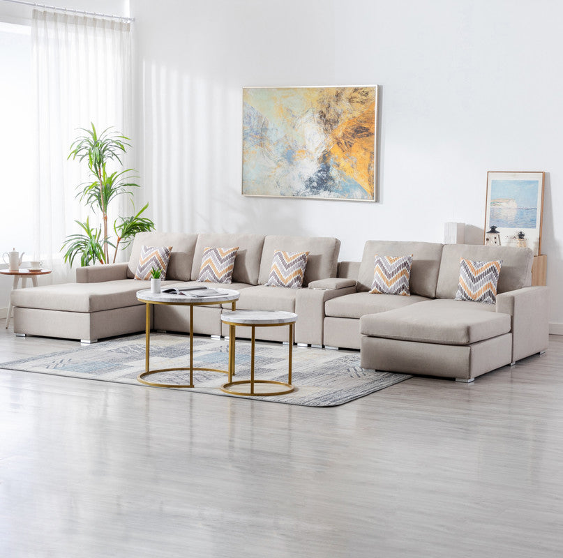 Nolan Beige Linen 6Pc Double Chaise Sectional Sofa, USB, Console Table, 89420-6A