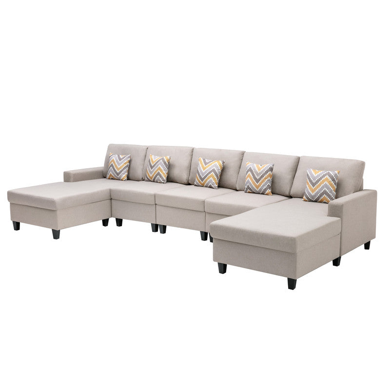 Nolan Beige Linen 5Pc Double Chaise Sectional Sofa, Interchangeable Legs