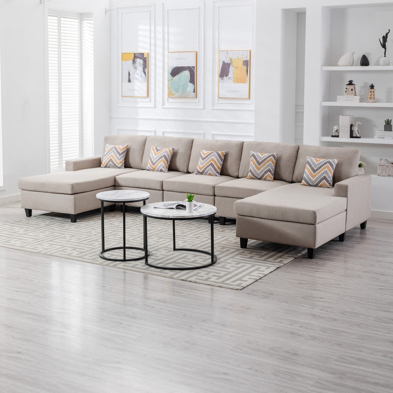 Nolan Beige Linen 5Pc Double Chaise Sectional Sofa, Interchangeable Legs