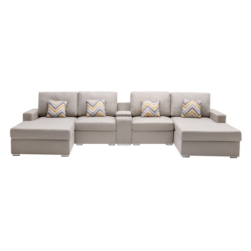Nolan Beige Linen 5Pc Double Chaise Sectional Sofa, USB, Console Table, Pillows