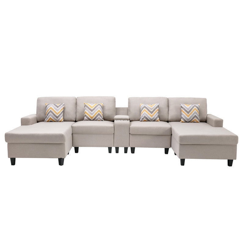 Nolan Beige Linen 5Pc Double Chaise Sectional Sofa, USB, Console Table, Pillows