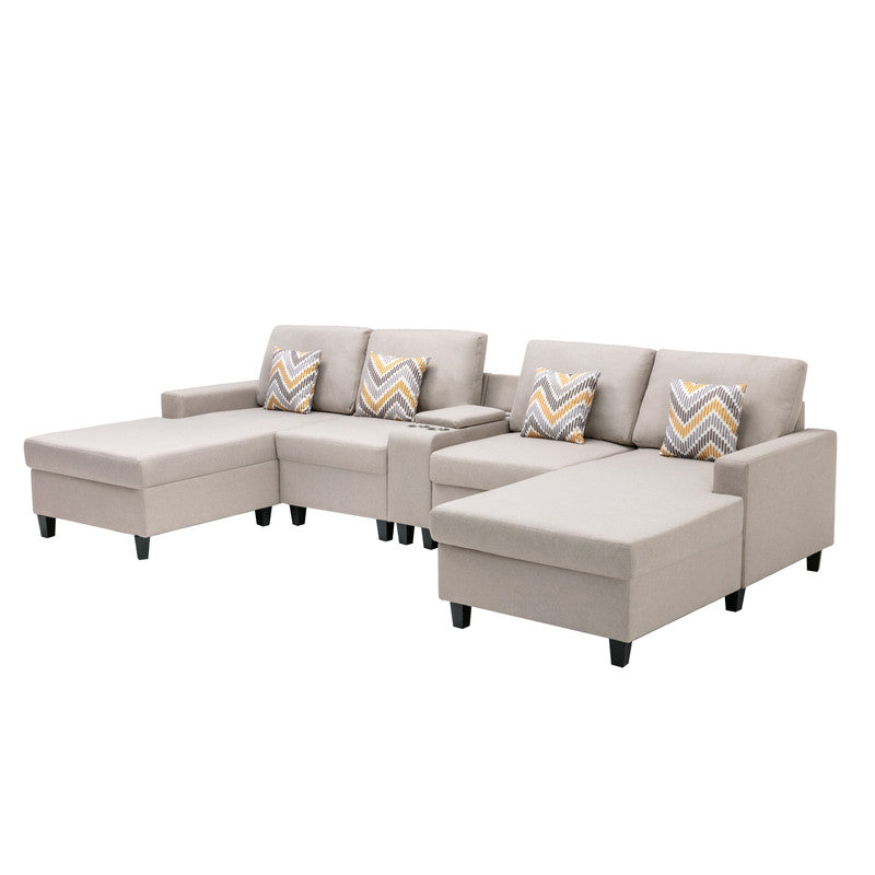 Nolan Beige Linen 5Pc Double Chaise Sectional Sofa, USB, Console Table, Pillows