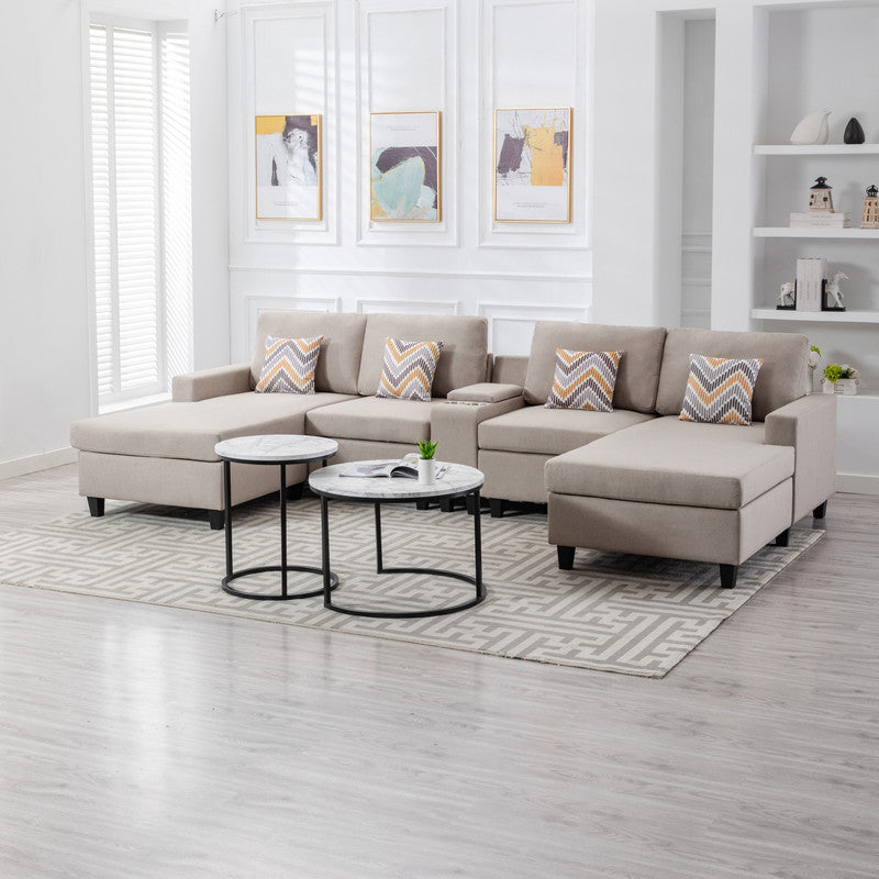 Nolan Beige Linen 5Pc Double Chaise Sectional Sofa, USB, Console Table, Pillows