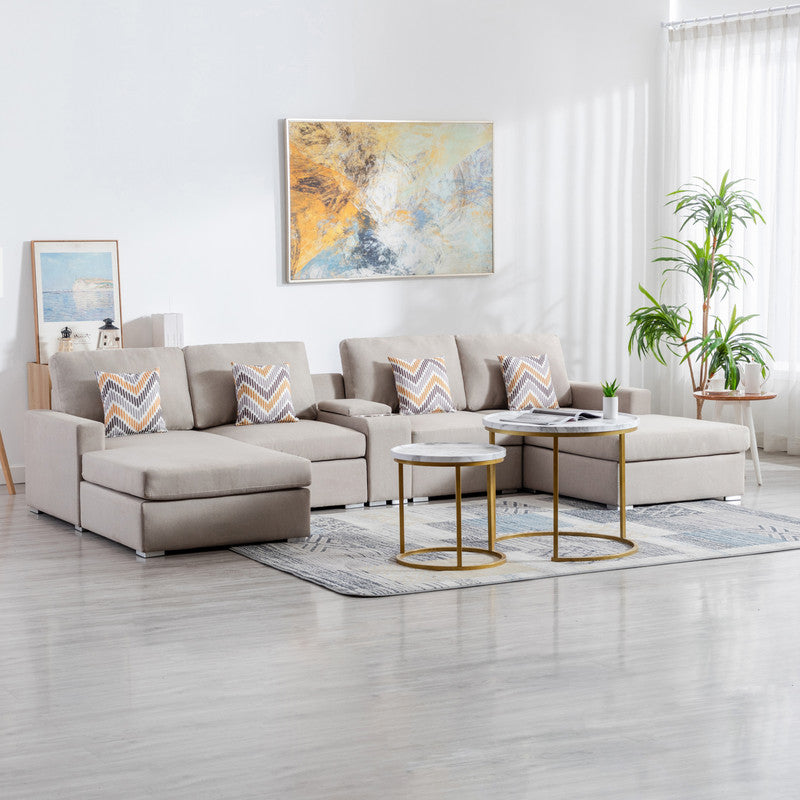 Nolan Beige Linen 5Pc Double Chaise Sectional Sofa, USB, Console Table, Pillows