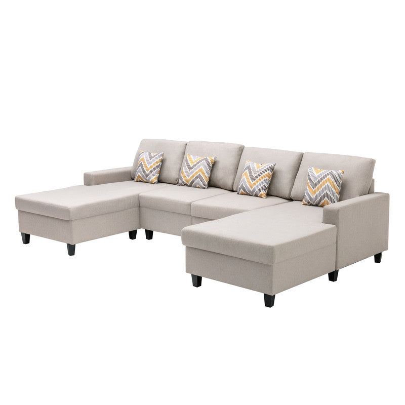 Nolan Beige Linen 4Pc Double Chaise Sectional Sofa, Interchangeable Legs