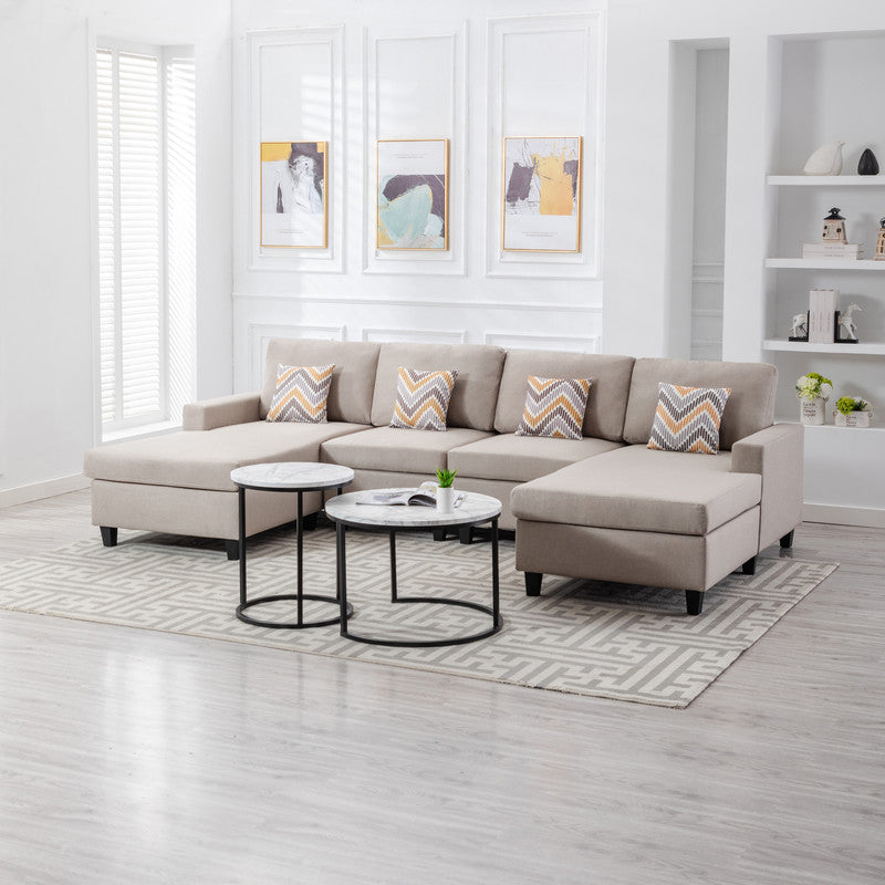 Nolan Beige Linen 4Pc Double Chaise Sectional Sofa, Interchangeable Legs