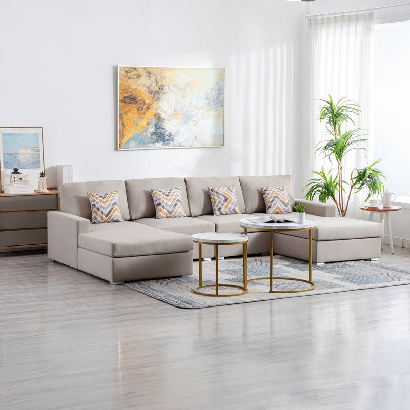 Nolan Beige Linen 4Pc Double Chaise Sectional Sofa, Interchangeable Legs