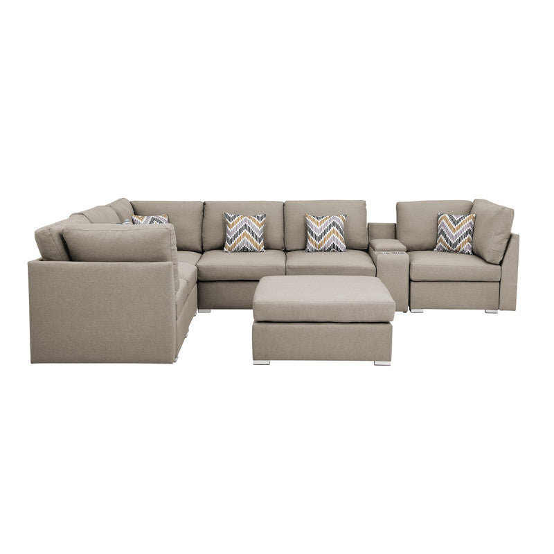Lucy Beige Fabric Reversible Modular Sectional, USB Console, Ottoman, 889820-6B
