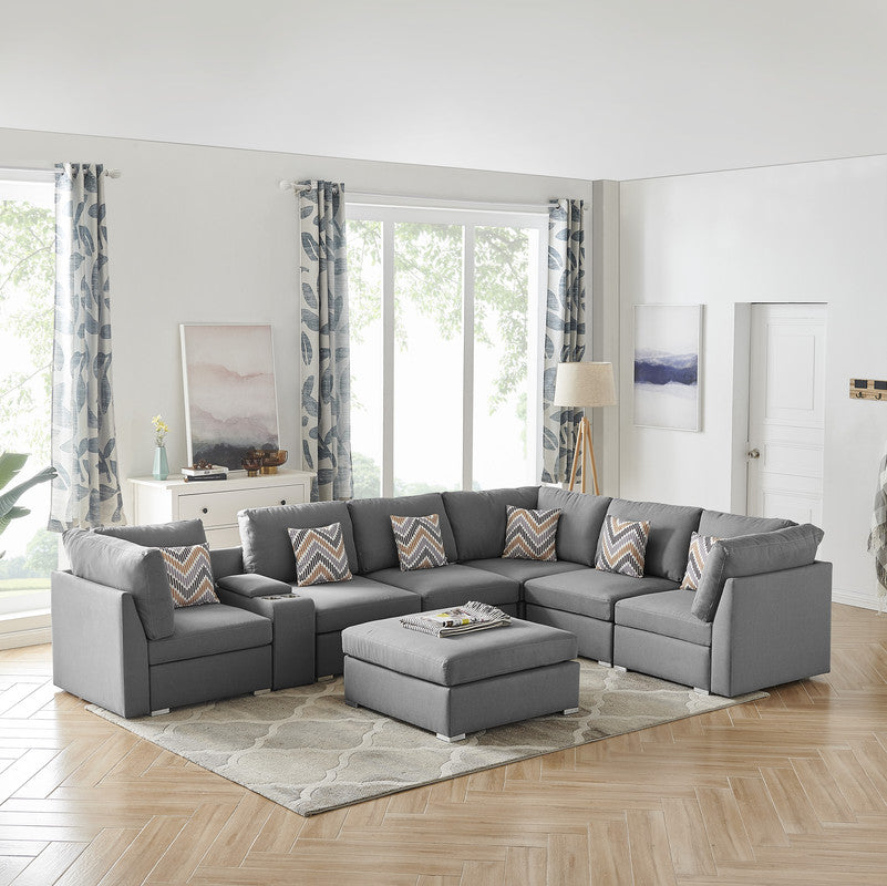 Amira Gray Fabric Reversible Modular Sectional, USB Console, Ottoman, 89825-6B