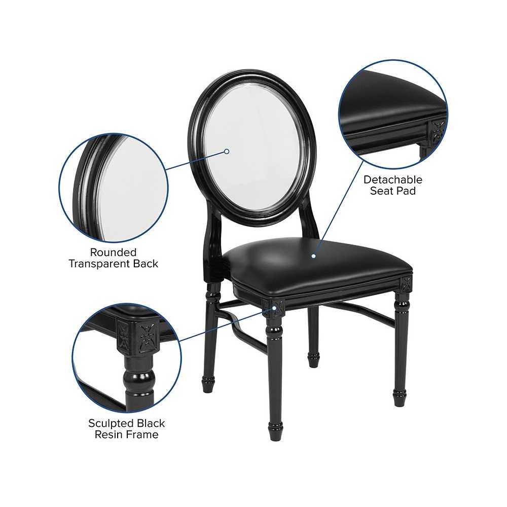 900 lb. Capacity King Louis Chair with Transparent Back, Black Vinyl Seat and Black Frame