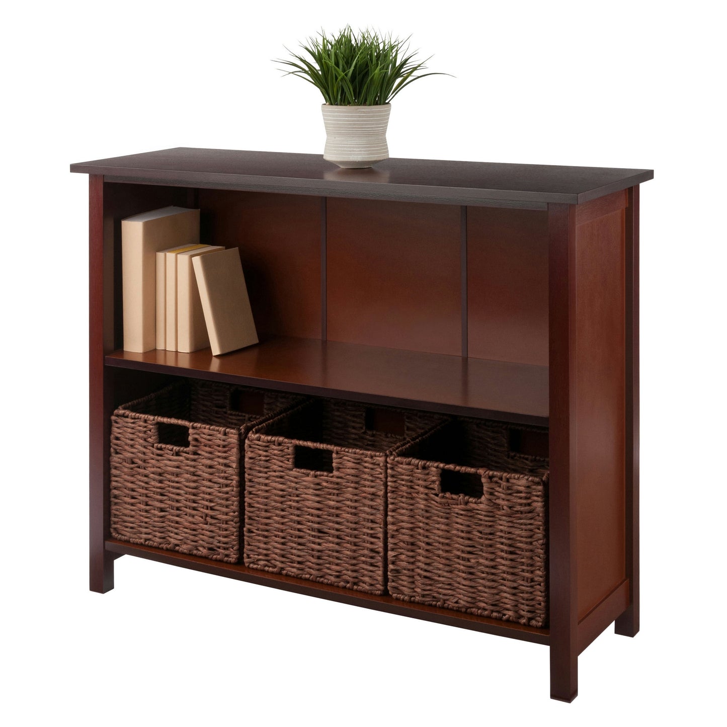 Milan 4-Pc Storage Wide Shelf with 3 Foldable Woven Baskets, Walnut