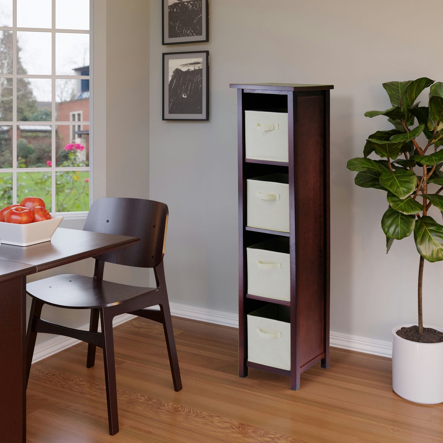 Verona 5-Pc Storage Shelf with 4 Foldable Fabric Baskets, Walnut and Beige