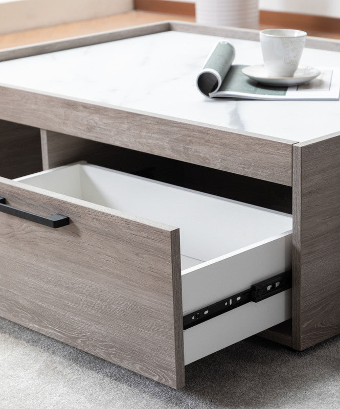Apollo Gray Oak Finish Coffee Table with Marble Finish Top with Drawer