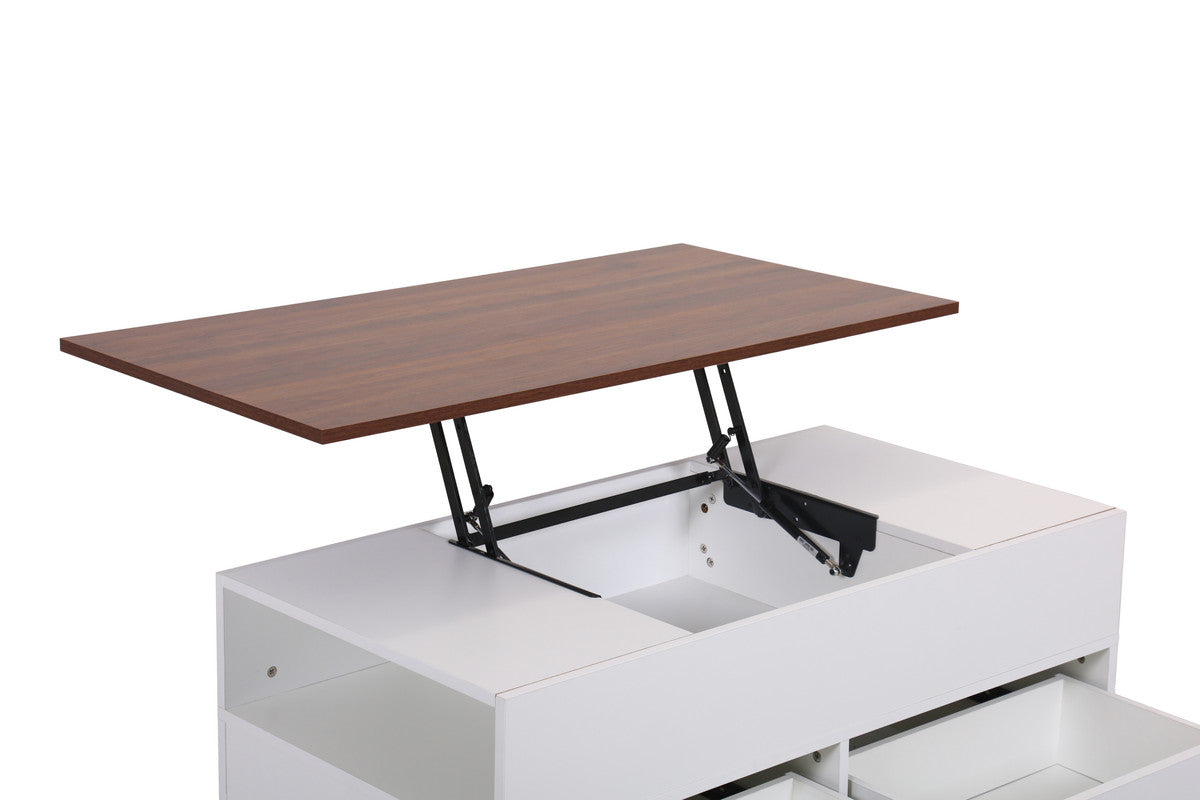 Luna White Coffee Table with Brown Walnut FinishTop, 2 Drawers, and 2 Shelves