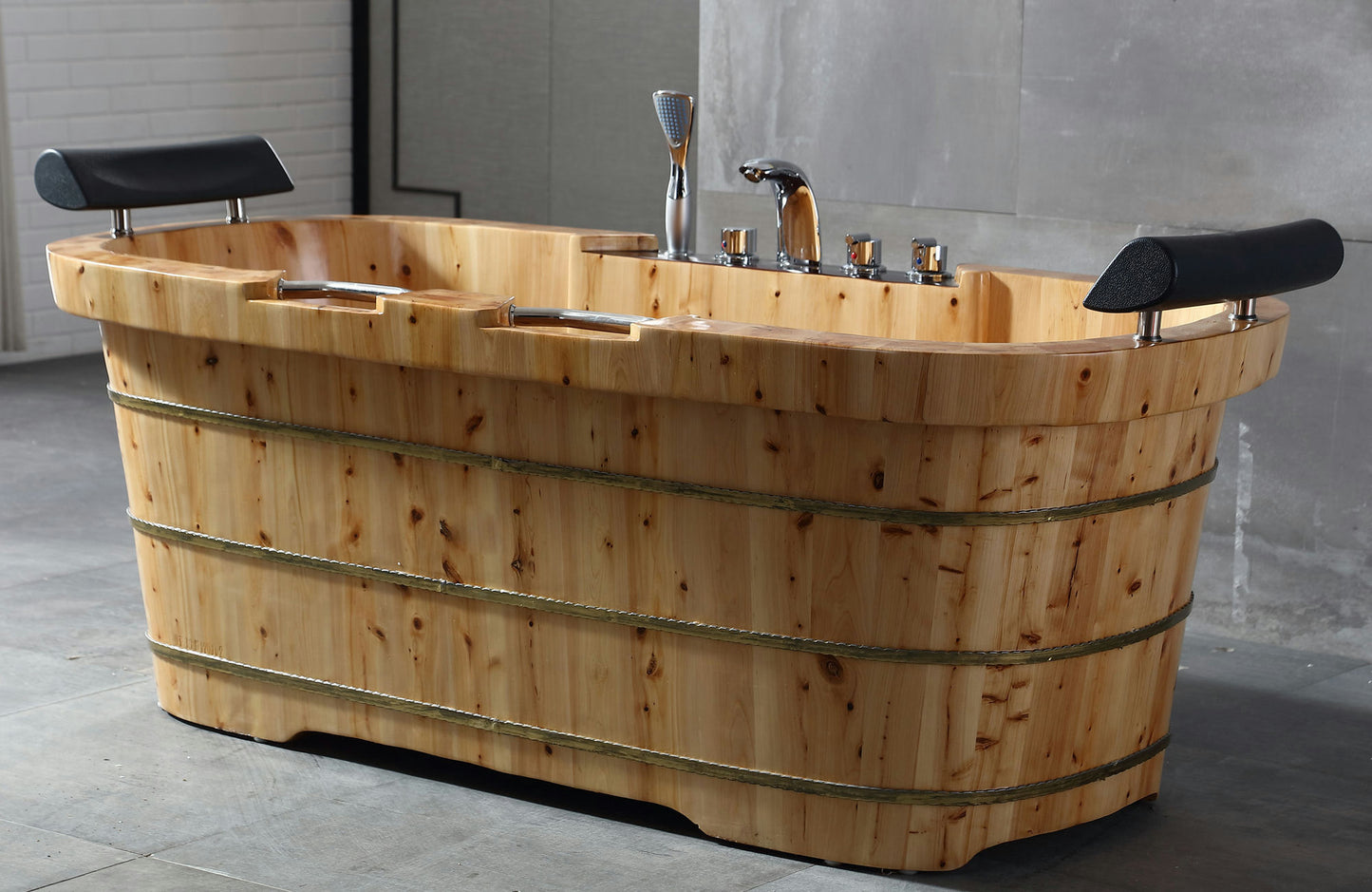 ALFI brand 65" 2 Person Free Standing Wooden Bathtub with Fixtures & Headrests