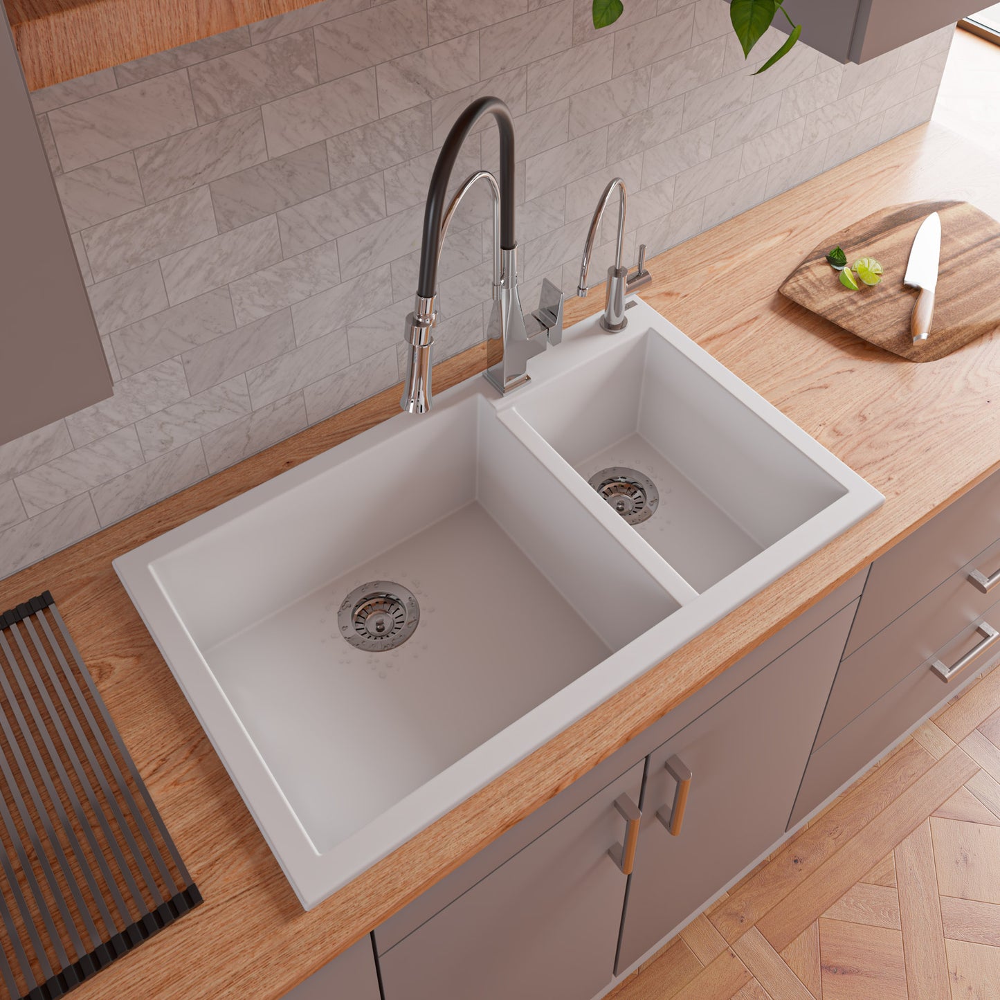 ALFI brand White 34" Double Bowl Drop In Granite Composite Kitchen Sink