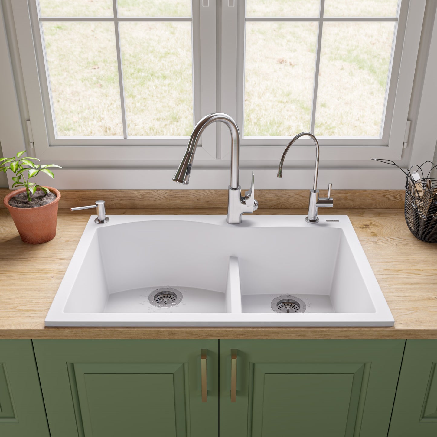 ALFI brand White 33" Double Bowl Drop In Granite Composite Kitchen Sink