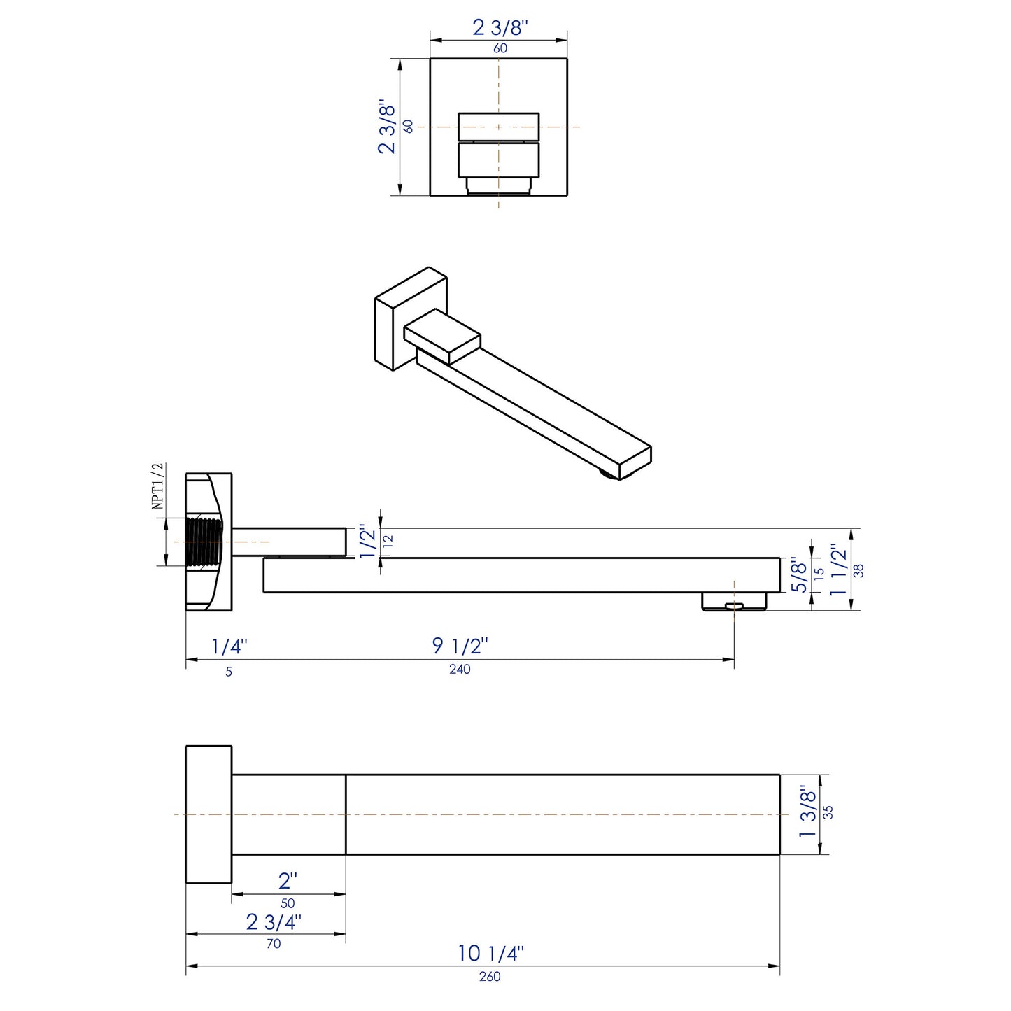 ALFI brand AB7701-BM Black Matte Square Foldable Tub Spout
