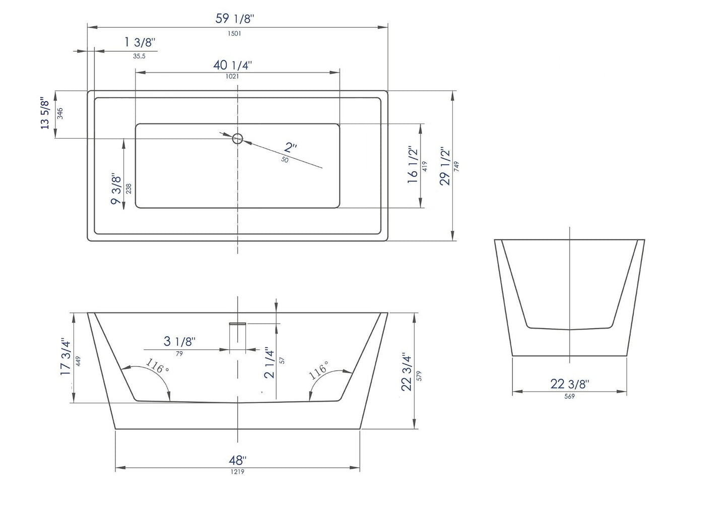 ALFI brand 59 inch Black & Rectangular Acrylic Free Standing Soaking Bathtub