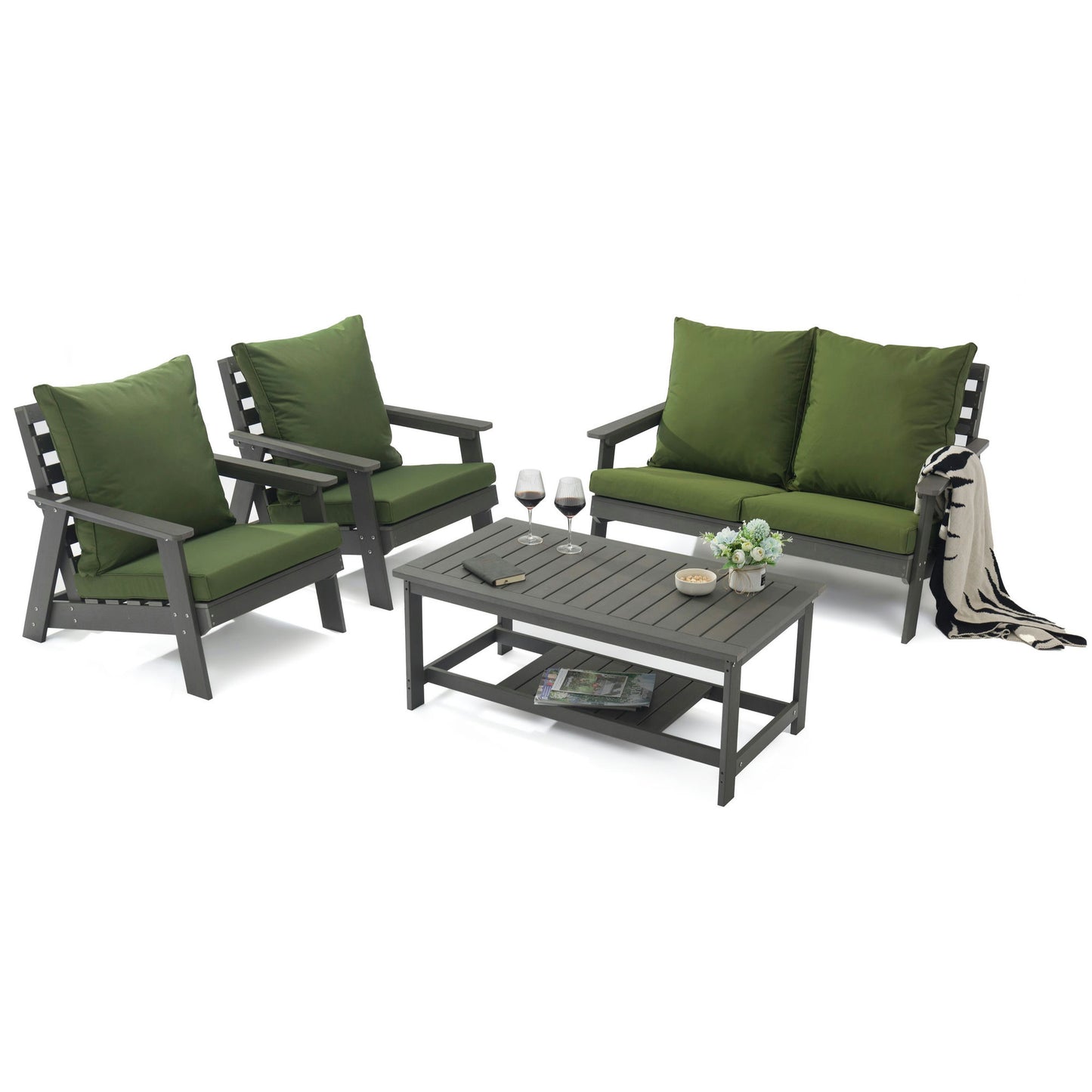 LeisureMod Alpine Poly Lumber 4-Piece Patio Conversation Set- Dark Green