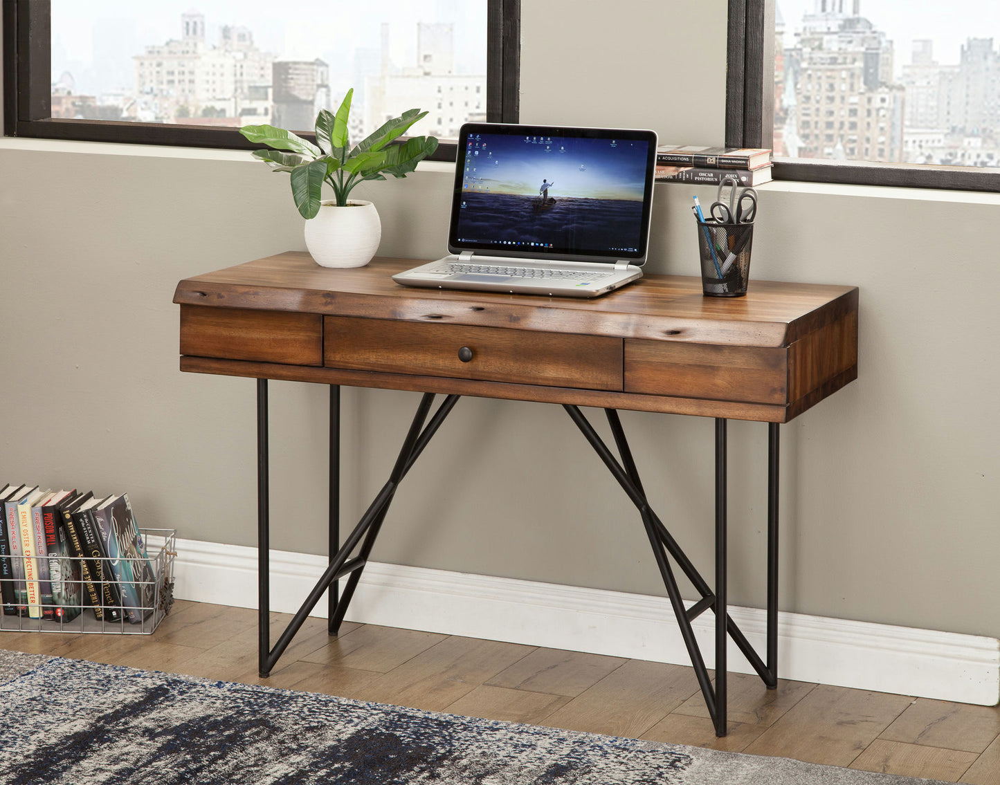 Alpine Furniture Live Edge 1 Drawer Writing Desk, Light Walnut