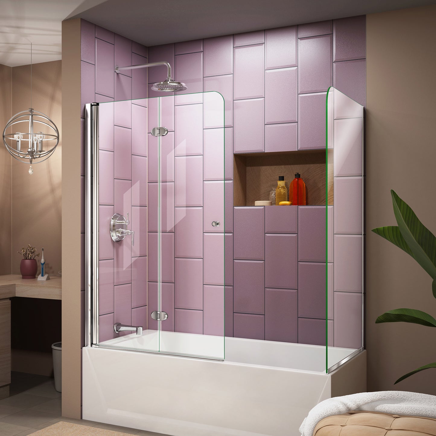Aqua Fold 56-60 in. W x 30 in. D x 58 in. H Frameless Bi-Fold Tub Door with Return Panel in Chrome
