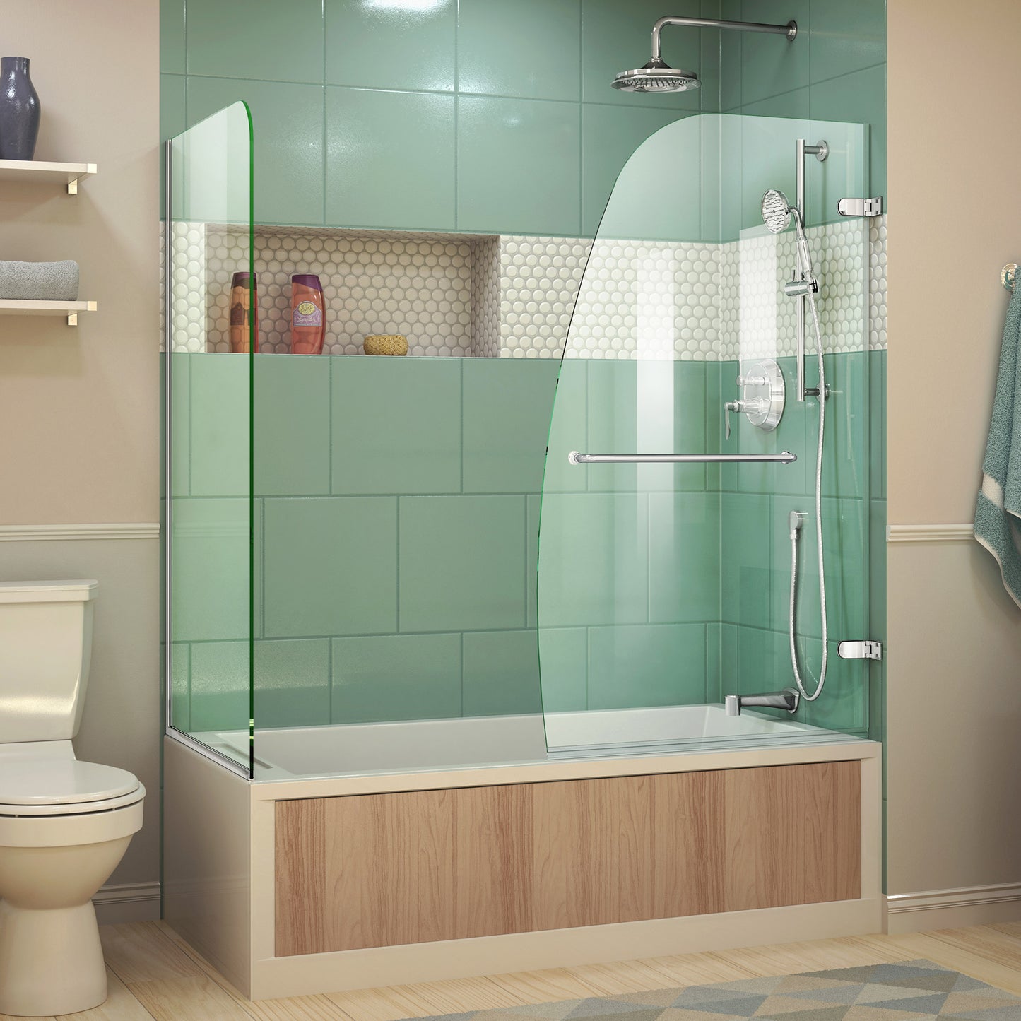 Aqua Uno 56-60 in. W x 30 in. D x 58 in. H Frameless Hinged Tub Door with Return Panel in Chrome