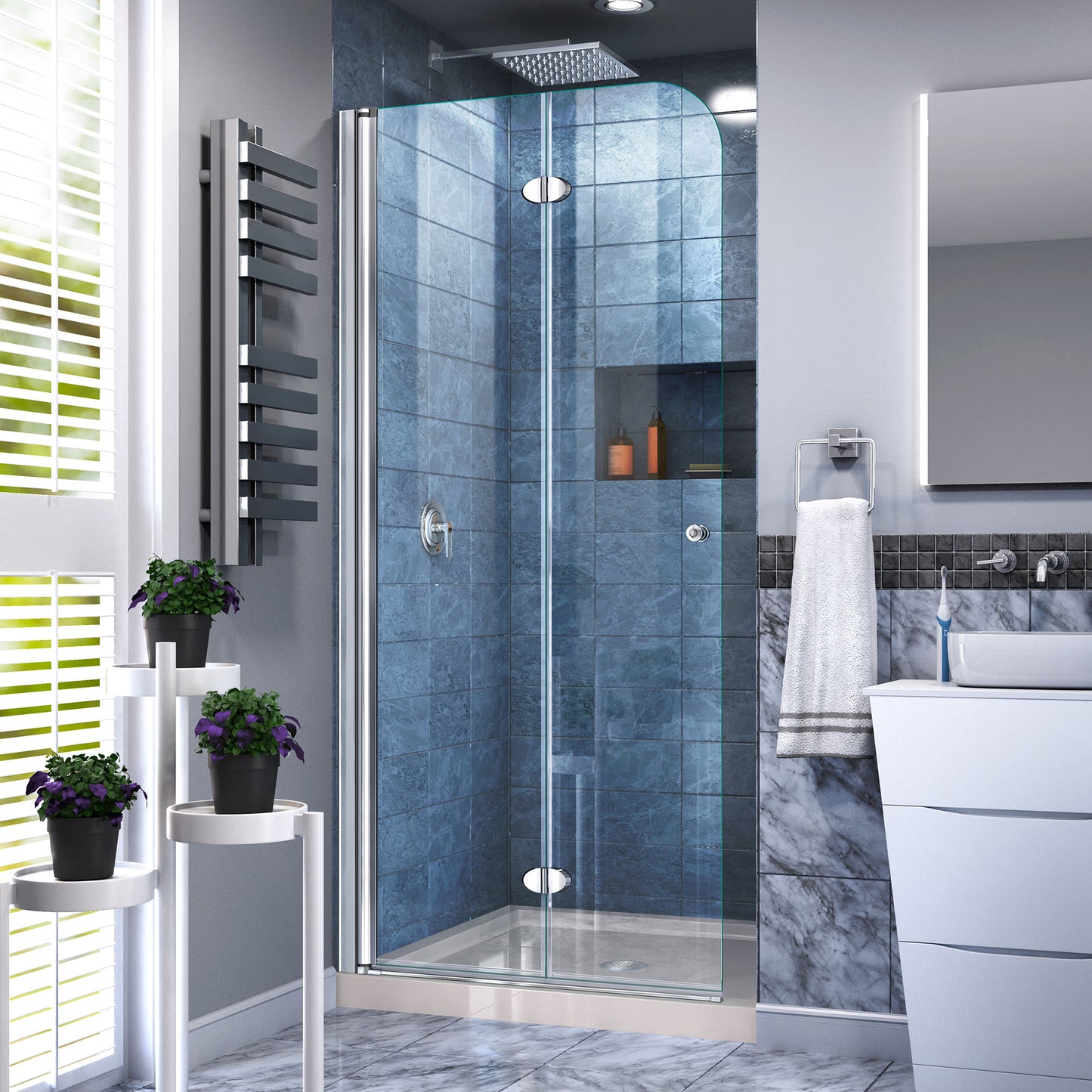 Aqua Fold 36 in. D x 36 in. W x 74 3/4 in. H Frameless Bi-Fold Shower Door in Chrome with Biscuit Acrylic Base Kit